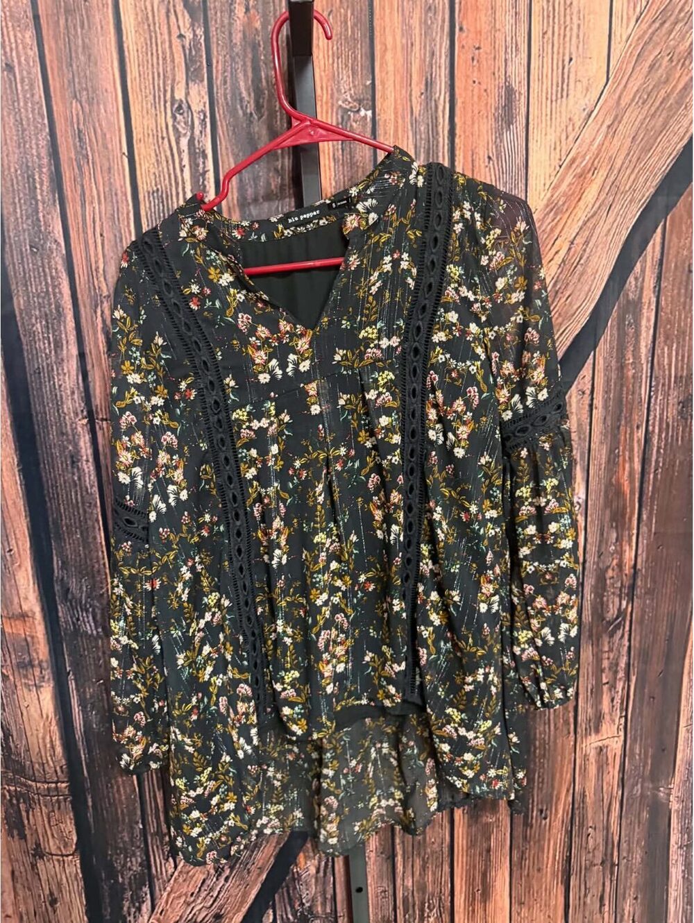 Blu Pepper Floral Black Sheer Long Sleeve Blouse Size Small